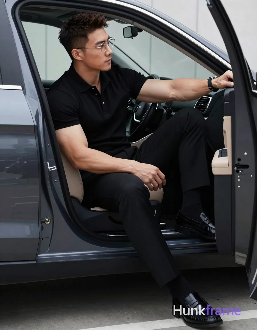 Asian man with short textured dark brown crop hair and side parting, wearing thin metal rimmed glasses with clear lenses; He is seated in a vehicle driver's seat leaning back against the interior panel, right arm resting on thigh, left hand gripping door frame or headrest area; Wearing black short-sleeve polo shirt collar visible, black tailored trousers, black socks, and black leather loafers; Broad shoulders, defined biceps, thick thighs fully clothed adult; Full-body shot from waist up to head including car interior and exterior ground plane center-right with open door framing left side of image; Outdoor parking area or driveway under overcast sky soft diffused daylight cool ambient tone muted palette of black dark gray tan leather accents fine-art photography high-fashion aesthetic sculpted lighting on musculature sophisticated calm premium fashion editorial mood vertical portrait orientation 13:19 aspect ratio tasteful suggestive teasing pose confident masculine man The adult man visibly wears thin metal rimmed glasses with clear lenses and minimal frame thickness on his face; preserve the; single clean uninterrupted photograph with a cohesive editorial composition and plain continuous surrounding surfaces