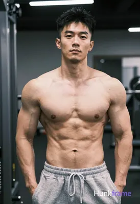 Photograph of exactly 1 adult man. Man 1: Asian, light tan, square jawline with defined cheekbones a