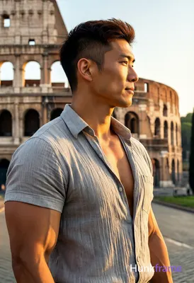 Asian man with short dark brown undercut hair and clean-shaven face standing in 3/4 profile facing r