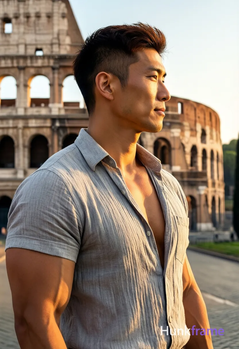 Asian man with short dark brown undercut hair and clean-shaven face standing in 3/4 profile facing right at the Colosseum; torso slightly angled forward; Wearing an open-collared light grey textured button-up shirt revealing upper chest, neck, and arms from shoulder to wrist with no sleeves covering biceps or triceps; Broad shoulders, defined pectorals, and toned arms rendered in bold flat-color wall art style against blurred historic stone arches under warm golden-hour sunlight, same aesthetic theme and photo feel as the reference but a different man in a different pose with distinct body proportions, Japanese man, soft masculine features, straight black hair, slim dancer build; single clean uninterrupted photograph with a cohesive editorial composition and plain continuous surrounding surfaces