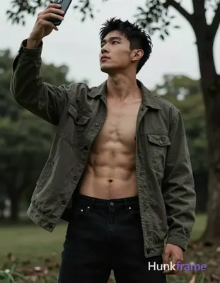 handsome Asian man standing with torso slightly leaned back and looking upwards, shirtless with bare