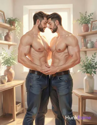 digital painting of a romantic gay couple, full body crop with both men standing
