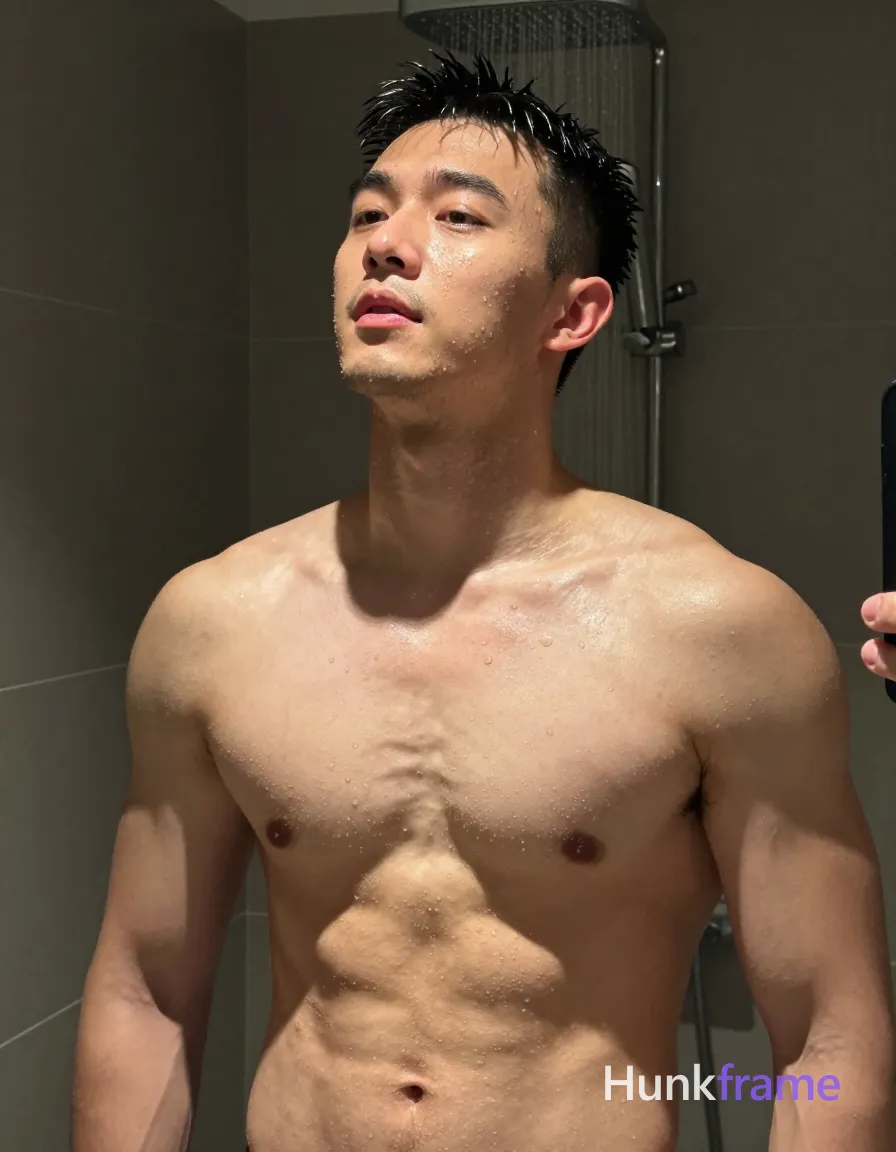 Asian adult man posing suggestively under shower spray Shirtless torso angled slightly toward camera revealing broad shoulders, defined pectorals, six-pack abs, thick thighs visible in lower frame; Skin glistens light to medium tan wet sheen from water droplets; short black hair slicked back receding at temples, clean-shaven chin with minimal upper lip stubble; Gaze directed upward left of camera, mouth slightly open neutral expression; Indoor bathroom setting with dark tiled walls and overhead shower fixture visible above head; Dramatic directional lighting from top-left creates intimate highlights on wet skin texture against shallow depth of field vertical portrait crop, shot on iPhone 15 Pro main camera, authentic smartphone computational photography, natural Smart HDR and true-to-life skin texture, vertical 9:16 Xiaohongshu lifestyle feed, bright clean everyday scene, unretouched phone photo with subtle sensor grain, trendy Chinese internet 网红 aesthetic, candid influencer energy, phone held naturally in one hand for selfie, phone visible in frame; single clean uninterrupted photograph with a cohesive editorial composition and plain continuous surrounding surfaces