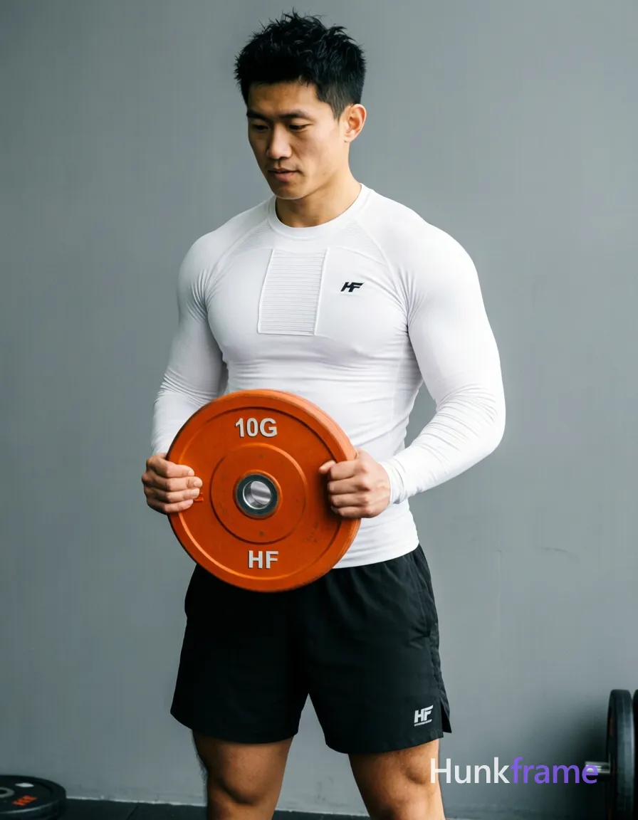 Asian man with light-medium skin and short black textured hair stands in a gym, holding an orange 10kg HF weight plate at waist level; He wears white long-sleeve compression top with chest paneling and small left logo, paired with black athletic shorts ending mid-thigh featuring a small right leg logo; Lean muscular build captured from slightly elevated angle against gray wall background; soft directional front-left lighting enhances physique definition; Focused, clean mood; FULL GARMENT TEXT REPLACEMENT: remove every source garment word, sentence, slogan, logo, and partial brand spelling from every existing print area, then replace those source marks with only the wordmark, spelled exactly "HF"; This is replacement, Repeated "HF" marks are allowed only where the source garment already had printed text; preserve appropriate placement, typography, color, and scale; No other visible text, logo, caption, username, hashtag, comment, watermark, or UI chrome, same aesthetic theme and photo feel as the reference but a different man in a different pose with distinct body proportions, German man, fair; single clean uninterrupted photograph with a cohesive editorial composition and plain continuous surrounding surfaces