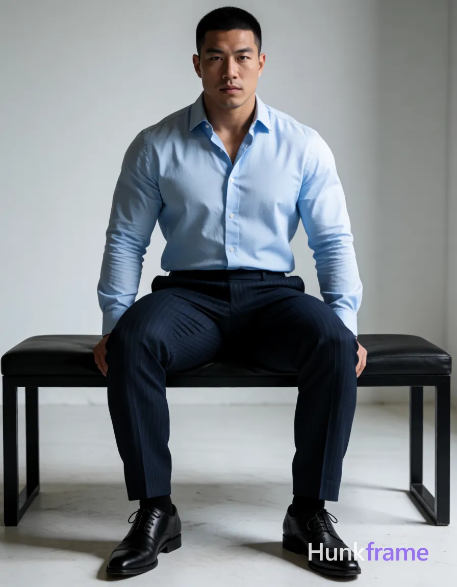 Heavily muscular adult man with substantial muscle mass, wide shoulders, thick neck, large chest and arms, powerful thighs, and dense bodybuilding proportions; Asian man with short black buzz cut and clean-shaven face, seated upright on a modern black bench in an indoor minimalist space; He wears a light blue long-sleeve button-down shirt unbuttoned at the top two buttons revealing bare chest from collarbone to navel, dark navy pinstripe dress pants with visible creases down front of legs, and black leather oxford shoes with pointed toes; Full-body shot including head-to-knees centered horizontally, occupying majority of vertical frame from head to mid-calf; Dramatic directional light emphasizes defined anatomy, broad shoulders, full pectoral definition, and toned abdominal muscles visible through shirt opening while inner thighs and knees are exposed due to seated pose with legs apart; Athletic gym photography style confident strength; single clean uninterrupted photograph with a cohesive editorial composition and plain continuous surrounding surfaces