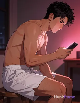 Polished anime style illustration of adult Asian man with tanned skin and short dark tousled hair; S
