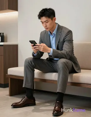 Asian man with light-medium skin and short black textured hair, clean-shaven fac