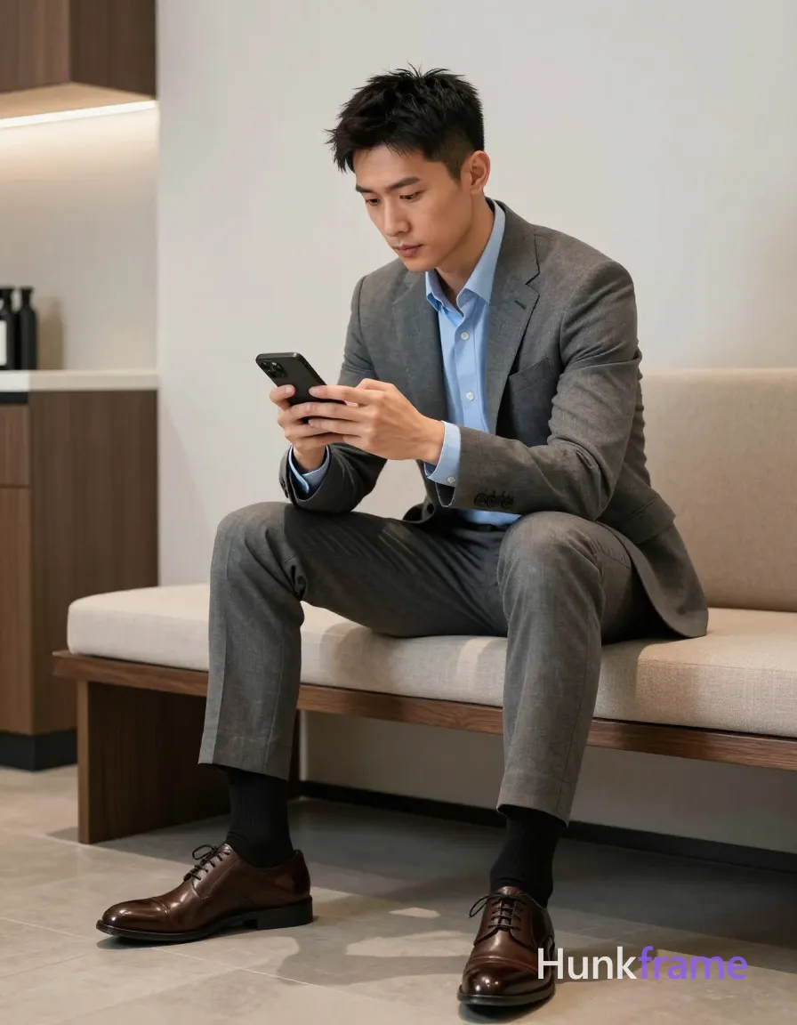 Asian man with light-medium skin and short black textured hair, clean-shaven face focused on a handheld smartphone; He wears a grey single-breasted suit jacket over an open-collared light blue button-down shirt, matching rolled trousers, black crew socks, and dark brown leather dress shoes; Seated sideways on a beige upholstered bench with dark wood frame in a modern interior with neutral walls and kitchenette visible to the left; Soft ambient indoor lighting casts clean lines across his lean build; Vertical portrait composition capturing full-body shot from head to shoes; single clean uninterrupted photograph with a cohesive editorial composition and plain continuous surrounding surfaces