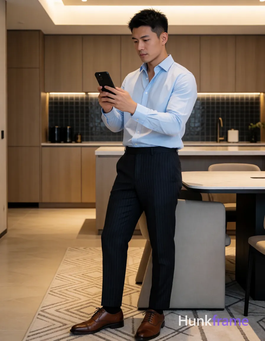Asian man, light-medium skin, short black hair textured top faded sides clean neckline, clean-shaven face focused neutral expression viewing phone screen; Standing casually in modern apartment holding black smartphone both hands chest level thumb on screen taking selfie or reviewing photo; Wearing light blue long-sleeve button-down shirt top 2-3 buttons undone, dark pinstripe trousers, black dress socks, brown leather cap-toe oxford shoes; Full-body shot from knees up to head center-right composition; Modern apartment with light wood cabinetry dark tiled backsplash beige geometric rug contemporary furniture; Soft ambient indoor lighting warm highlights face and shirt overhead source; Clean lines minimalist interior design high-end fashion editorial aesthetic calm composed sophisticated mood portrait orientation, shot on iPhone 15 Pro main camera, authentic smartphone computational photography, natural Smart HDR, vertical 9:16 Xiaohongshu lifestyle post, bright clean gym or cafe scene, wardrobe matching reference outfit, confident everyday blogger pose, phone photo with natural grain, phone held naturally in one hand for selfie, phone visible in frame; single clean uninterrupted photograph with a cohesive editorial composition and plain continuous surrounding surfaces