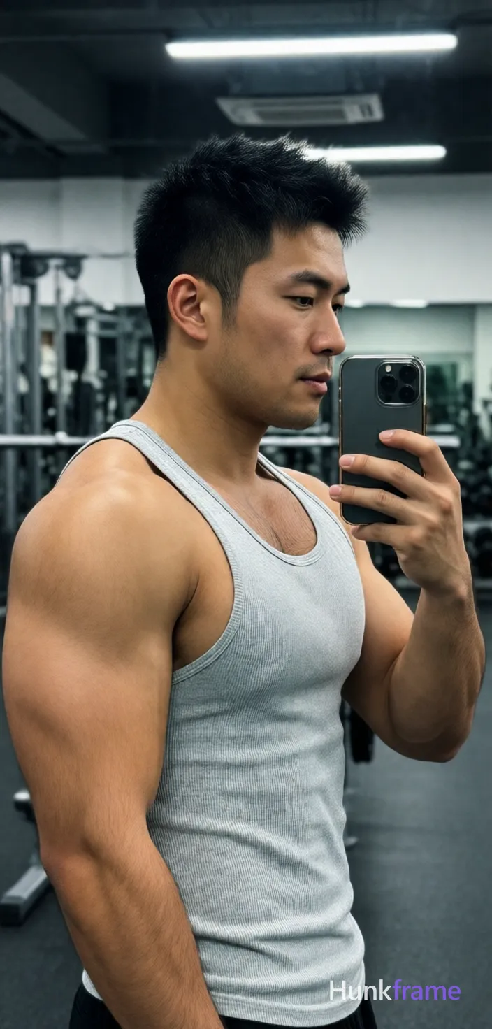Asian man with short spiky black hair and clean-shaven face, standing in profile facing right holding a dark gray iPhone-style phone near chest for mirror selfie; Wearing light gray ribbed tank top covering torso and shoulders, broad muscular build with defined deltoids and visible biceps; Gym interior background with weight racks under overhead fluorescent lighting casting even illumination on skin tones; Vertical portrait crop from head to upper thighs, center-left foreground occupying majority of frame; Muscle bear style emphasizing rugged warm confidence and meaty chest presence, realistic body hair texture, strong masculine energy in casual fitness attire; single clean uninterrupted photograph with a cohesive editorial composition and plain continuous surrounding surfaces