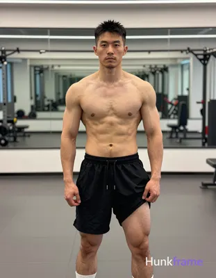 Photograph of exactly 1 adult man. Man 1: Asian, light-medium, square-jawed with defined cheekbones,