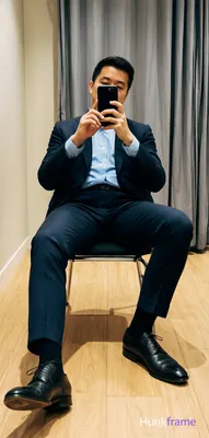 Seated on a chair with metal legs and black cushion, left leg extended forward, right knee bent and 