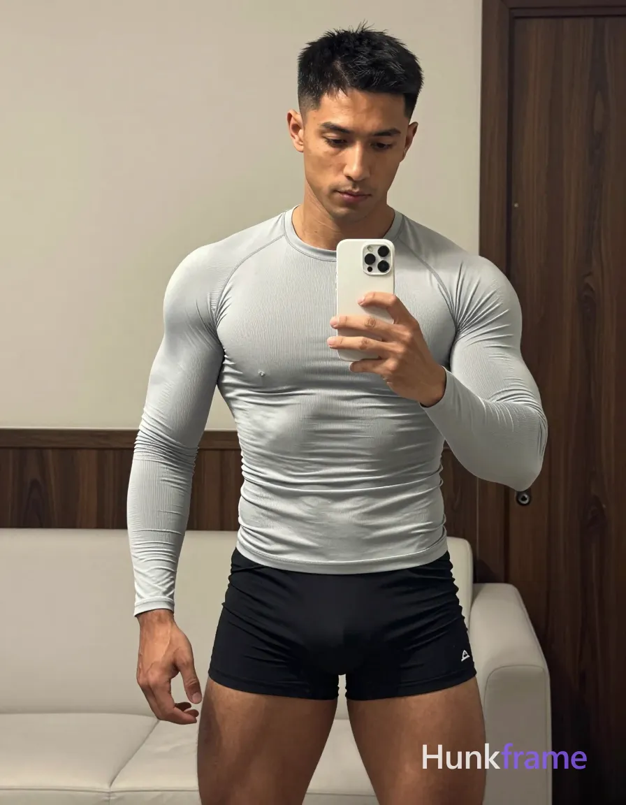 an anonymous figure adult man with light to medium tan skin and short black straight hair featuring a neat side parting, clean-shaven face standing in front of a mirror; He wears unobstructed face with both eyes, irises, eyebrows, temples, and nose bridge clearly visible, holding a white smartphone in his left hand capturing the reflection while his right arm rests by his side; Dressed in a tight-fitting ribbed light gray long-sleeve compression shirt and black athletic shorts with a small white logo on the lower left leg; The composition shows full torso to mid-thigh centered vertically in the mirror, revealing broad shoulders, defined pectorals, vascular forearms, and thick thighs; Setting is an indoor room with light-colored walls, dark wood paneling, and a partial view of a white sofa behind him under soft ambient lighting, same aesthetic theme and photo feel as the reference but a different man in a different pose with distinct body proportions, Moroccan man, deep tan, dark curls, defined abs natural not exaggerated; single clean uninterrupted photograph with a cohesive editorial composition and plain continuous surrounding surfaces