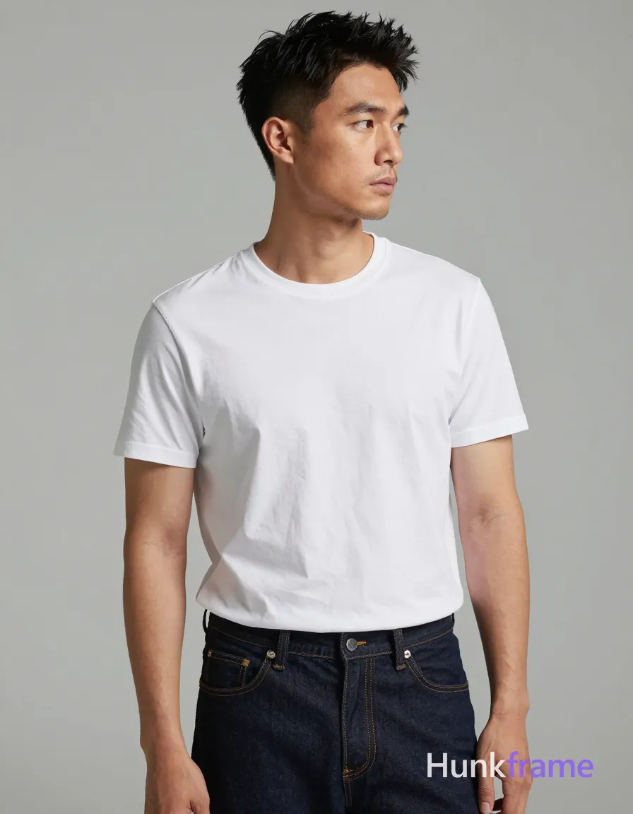 Asian man with light-medium skin and short dark black hair featuring a textured top swept upward, faded undercut sides, clean neckline at nape; Clean-shaven chin and upper lip with light stubble on jawline and neck; neutral contemplative gaze directed off-camera to the right; Standing in three-quarter profile facing slightly right, head turned further right looking away from camera; Left arm relaxed at side, right hand partially obscured near hip or pocket area; Wearing plain white crew-neck t-shirt with short sleeves showing slight wrinkling across chest and abdomen indicating fit; dark indigo denim jeans with visible front fly seam and waistband at natural waistline; Arms exposed from shoulder to wrist; neck and collarbone above neckline fully clothed torso; Waist-up portrait shot centered horizontally, head near upper third line extending down to waistline of jeans against plain neutral wall filling background; High-resolution fashion editorial photography with sharp focus on face and upper body, soft directional key light from front-left creating subtle shadows, even fill lighting minimizing harsh contrasts; single clean uninterrupted photograph with a cohesive editorial composition and plain continuous surrounding surfaces