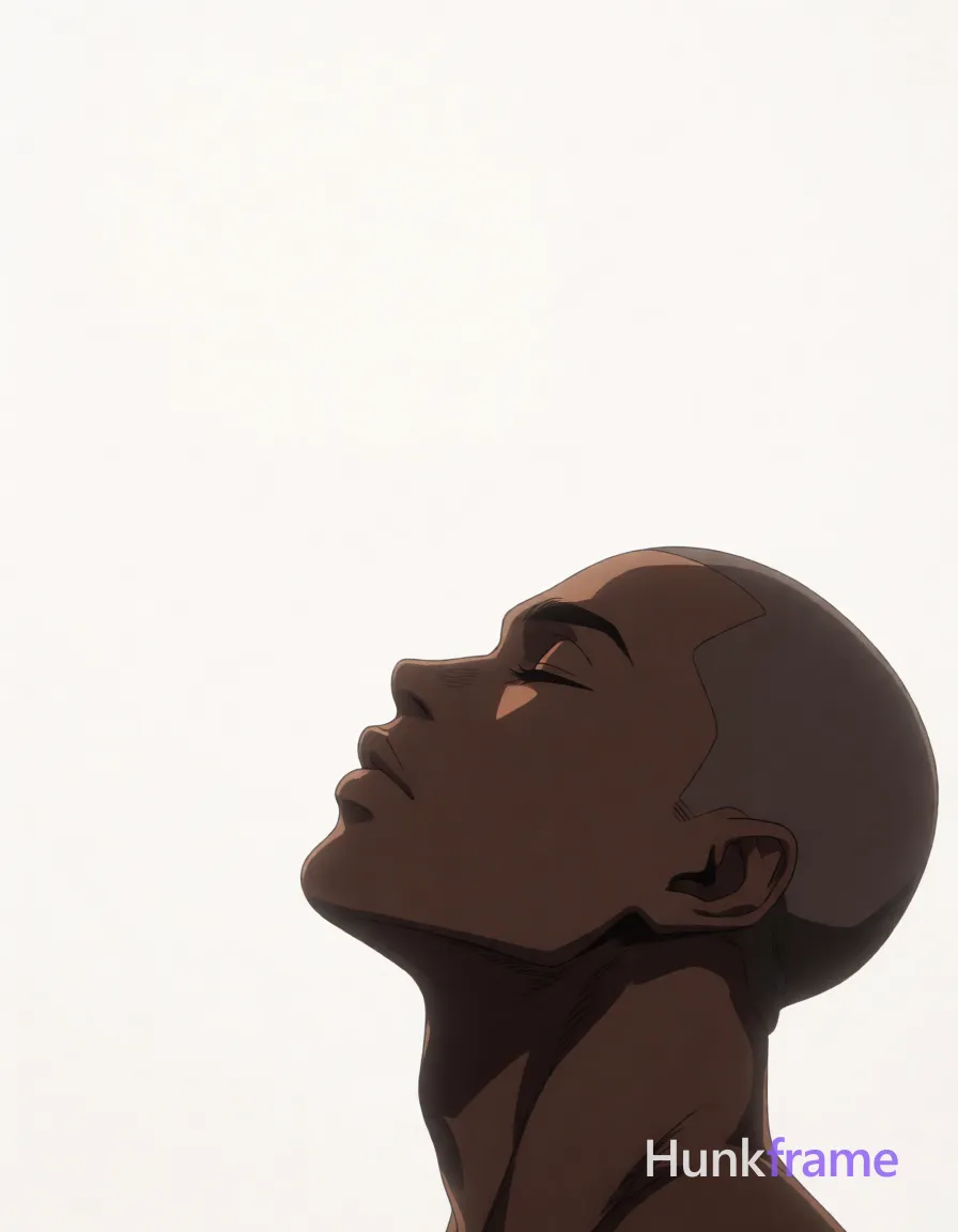 A polished 2.5D anime rendering of a Black man with a shaved bald head, eyes closed in serene relaxation against a plain white background; He tilts his head back in profile view within the bottom-right quadrant of this vertical portrait; The art style features high-quality character modeling with expressive facial details and athletic anatomy rendered smoothly; Soft directional lighting from above-left creates subtle shadows on his dark skin texture without genericizing physique into stock terms; single clean uninterrupted artwork with a cohesive composition and plain continuous surrounding surfaces