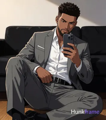Polished anime style rendering of an adult man with short textured dark brown crop and neatly trimme