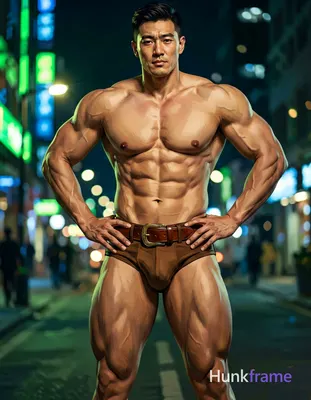A digital painting of an Asian male standing with hands on hips, torso slightly 