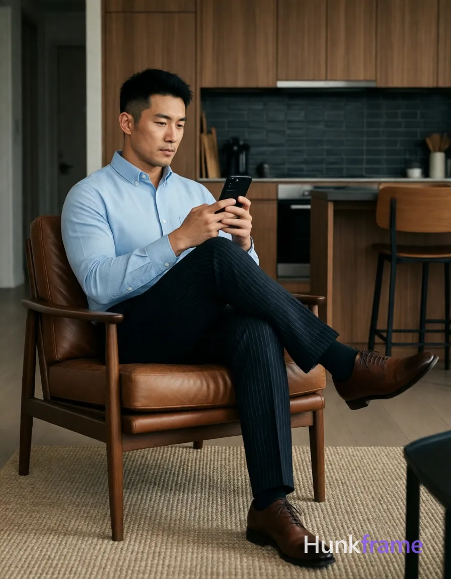 Photograph of exactly 1 adult man. Man 1: Asian, light-medium, oval with defined jawline, short black hair, textured top and faded sides, clean neckline, clean-shaven. Man 1 has fully exposed eyes, eyebrows, temples and nose bridge. Lean muscular Asian man with short black textured hair sits sideways in brown leather armchair. Holds black smartphone at chest level reviewing photo while seated cross-legged on right knee. Wears light blue long-sleeve button-down shirt, dark pinstripe trousers, brown cap-toe oxford shoes. Vertical portrait shot from knees up showing full body in modern apartment with beige rug. Minimalist interior featuring wooden cabinetry, dark tiled backsplash, contemporary furniture details. Soft ambient indoor lighting creates warm highlights on face and shirt for sophisticated mood. Clean lines high-end fashion editorial aesthetic capturing calm composed atmosphere in neutral palette