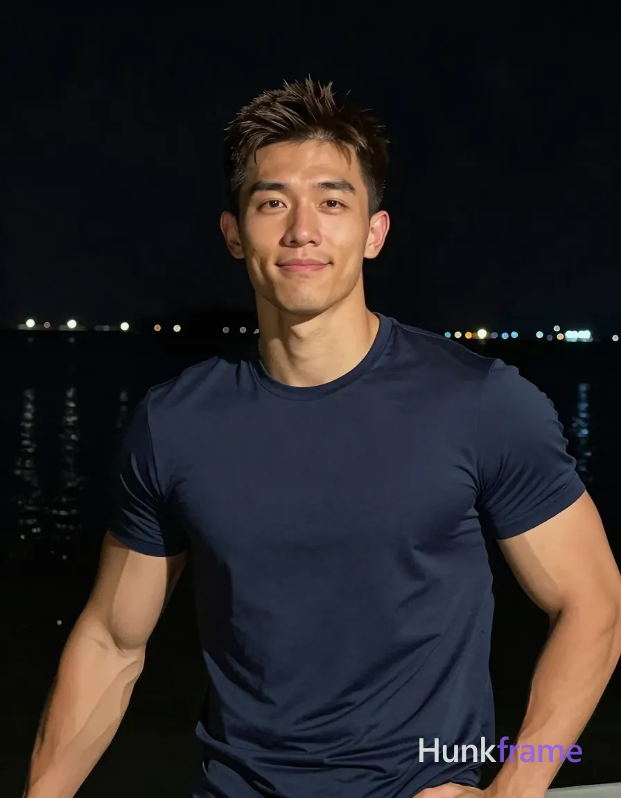 Asian man with light to medium tan skin and short dark brown textured hair, clean-shaven face wearing a subtle confident smile with head tilted right; Standing relaxed in night photography low-light capture; torso angled toward camera, left arm bent near hip partially out of frame, right arm extended downward cropped from view; Wearing dark blue short-sleeve t-shirt fully clothed athletic build defined shoulders and biceps against black background with distant city lights and water reflections visible behind subject; Portrait centered head and upper torso fully visible lower body cropped at waist hips vertical portrait orientation 13:19 aspect ratio dramatic directional light confident strength gym photography photo medium; single clean uninterrupted photograph with a cohesive editorial composition and plain continuous surrounding surfaces
