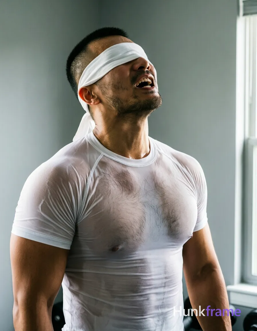Asian man with short black buzz cut and light stubble stands upright in a home gym setting against a plain gray wall, wearing a white translucent an anonymous figure compression shirt clinging to broad shoulders and defined pectorals; He tilts his head back slightly upward, mouth open in an intense expression, while a white fabric blindfold covers his eyes; Soft natural window lighting from the side creates realistic highlights on sweat-slicked skin and wet fabric texture; Vertical portrait crop focuses sharply on torso musculature with casual depth of field, same aesthetic theme and photo feel as the reference but a different man in a different pose with distinct body proportions, Turkish man, olive skin, aquiline nose, lean hairy chest editorial look; single clean uninterrupted photograph with a cohesive editorial composition and plain continuous surrounding surfaces
