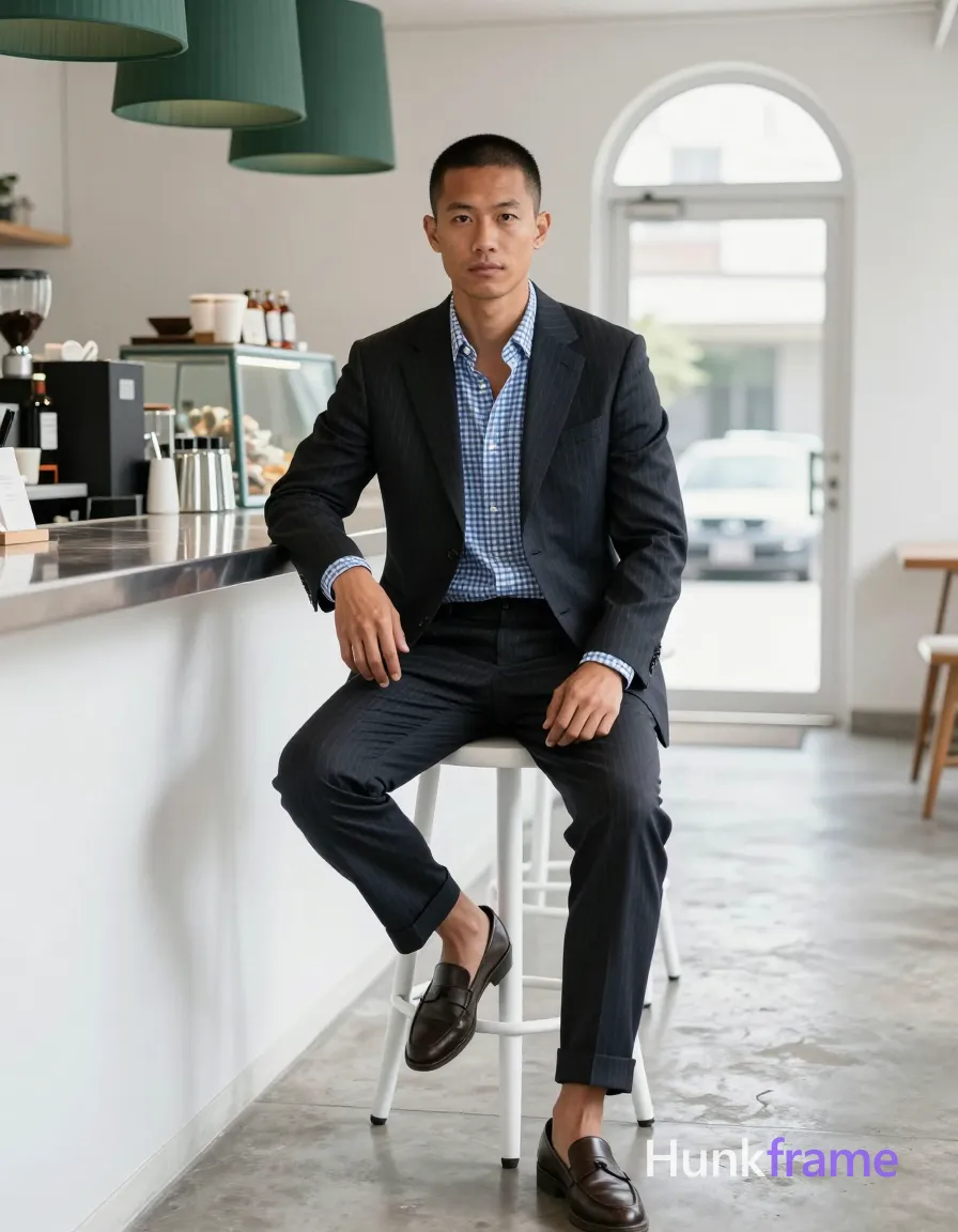 an anonymous figure man with light to medium tan skin and natural sun exposure, short black buzz cut, clean-shaven face; Seated on a white stool in full-body portrait orientation (13:19), left leg crossed over right knee, hands resting loosely on thighs wearing dark pinstripe single-breasted suit jacket, blue-and-white checkered button-down shirt with open collar and no tie, matching cuffed trousers; Modern café interior setting with metallic counter surface to the left, hanging green fabric shades in background, glassware display, and arched door opening to sunlit outdoors; High-key exposure with controlled contrast, shallow depth of field keeping subject sharp while concrete floor and white walls softly recede; Calm, refined, minimalist mood; single clean uninterrupted photograph with a cohesive editorial composition and plain continuous surrounding surfaces
