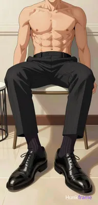 Polished anime style rendering of an adult man seated with legs extended forward, feet resting on a 