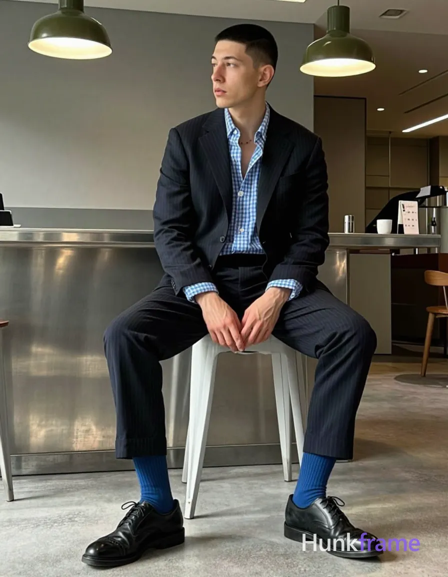 an anonymous figure man with short black buzz cut and clean-shaven face, seated upright on white stool in modern café interior; He wears a dark pinstripe suit jacket open over a blue-and-white checkered button-down shirt with top two buttons undone, matching trousers cuffed to reveal medium-blue crew socks and black leather brogue shoes; Hands clasped between knees, feet flat on floor with slight outward angle of legs; Natural ambient light from right side casts soft shadows across face and suit; overhead artificial lighting supplements scene evenly; Shallow depth of field keeps focus on seated figure against stainless steel counter and olive-green pendant lights, shot on iPhone 15 Pro main camera, authentic smartphone computational photography, natural Smart HDR, vertical 9:16 Xiaohongshu lifestyle post, bright clean gym or cafe scene, wardrobe matching reference outfit, confident everyday blogger pose, phone photo with natural grain; single clean uninterrupted photograph with a cohesive editorial composition and plain continuous surrounding surfaces