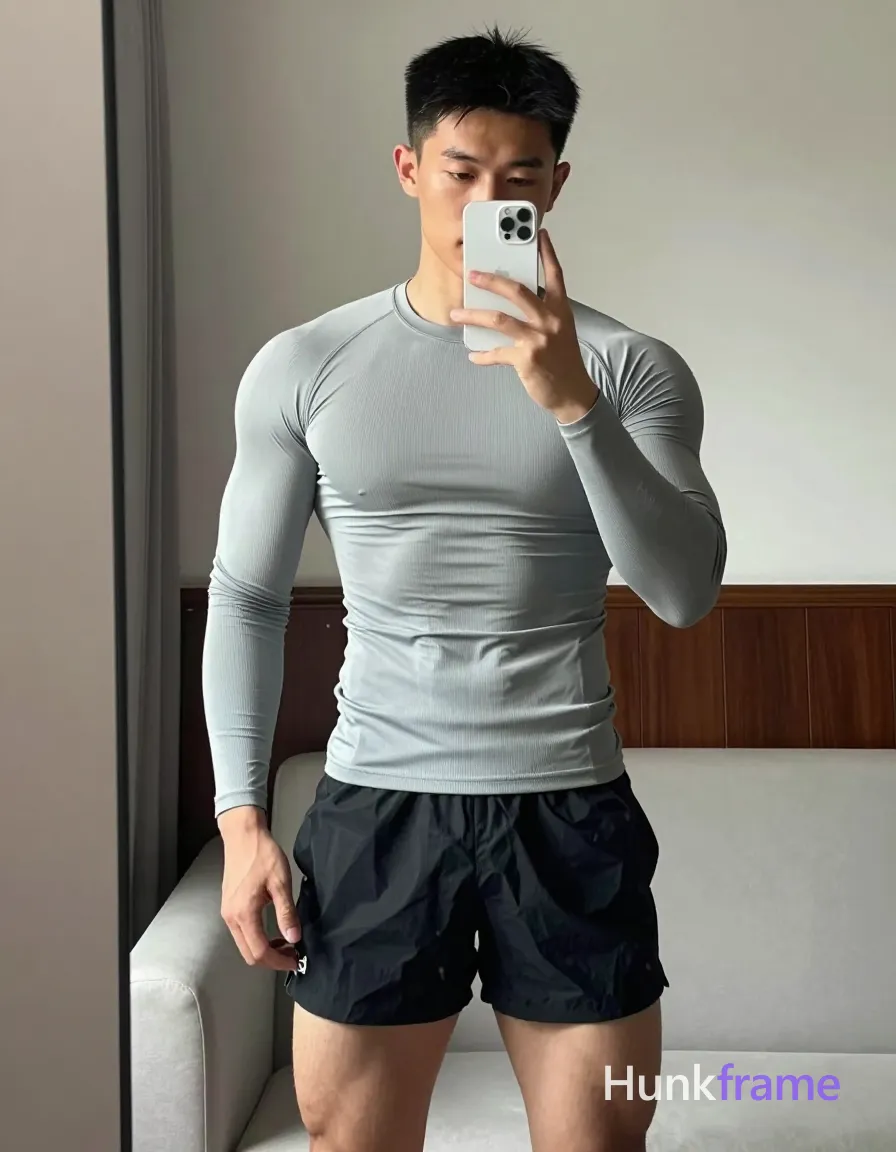 an anonymous figure man with light to medium tan skin and short black straight hair featuring a neat side parting at the temple, clean-shaven face; He stands in front of a mirror holding a white smartphone with his left hand for a selfie capture while his right arm rests relaxed by his side; He wears a tight-fitting ribbed light gray long-sleeve compression shirt and black athletic shorts with a small white logo on the lower left leg, fully clothed; His physique displays broad shoulders, defined pectorals, vascular forearms, and thick thighs visible in the frame; The setting is an indoor room with light-colored walls, dark wood paneling in the background, and a partially visible white sofa behind him; Soft ambient lighting mixed with natural daylight from the right casts subtle shadows; Vertical portrait composition centered vertically and horizontally in the mirror reflection showing full torso to mid-thigh; single clean uninterrupted photograph with a cohesive editorial composition and plain continuous surrounding surfaces