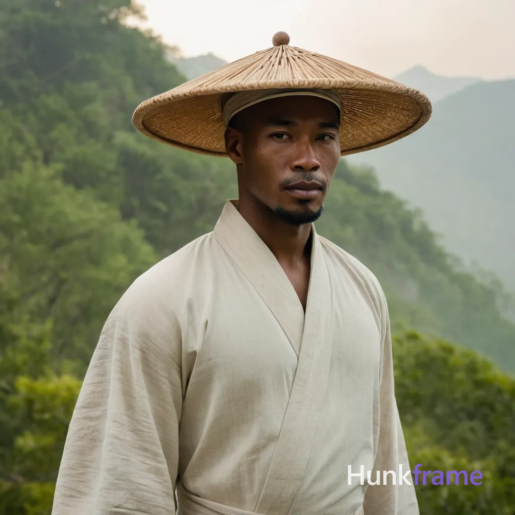A muscular African-descended man in a flowing Chinese-inspired robe stands gracefully against misty mountains, his wide-brimmed hat adding to the elegant aesthetic. The soft diffused light enhances the ink-wash palette of the background, creating a serene and contemplative mood. Stone structures visible in the distance add depth and historical context to the scene
