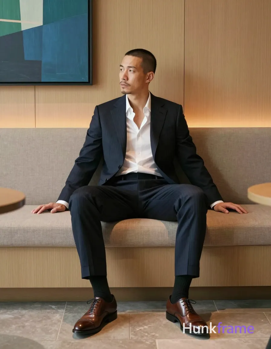 an anonymous figure man with short buzz cut and light stubble sits contemplatively in a modern lounge, wearing an open dark navy pinstripe suit jacket over a white dress shirt with top two buttons undone to reveal collarbone; He wears matching trousers, black crew-neck socks pulled high, and brown leather oxford shoes; Seated on a beige upholstered bench against wood-paneled walls with abstract blue-green art nearby, soft ambient lighting casts gentle shadows; Full-body vertical portrait capturing clean lines and minimalist luxury aesthetic; single clean uninterrupted photograph with a cohesive editorial composition and plain continuous surrounding surfaces