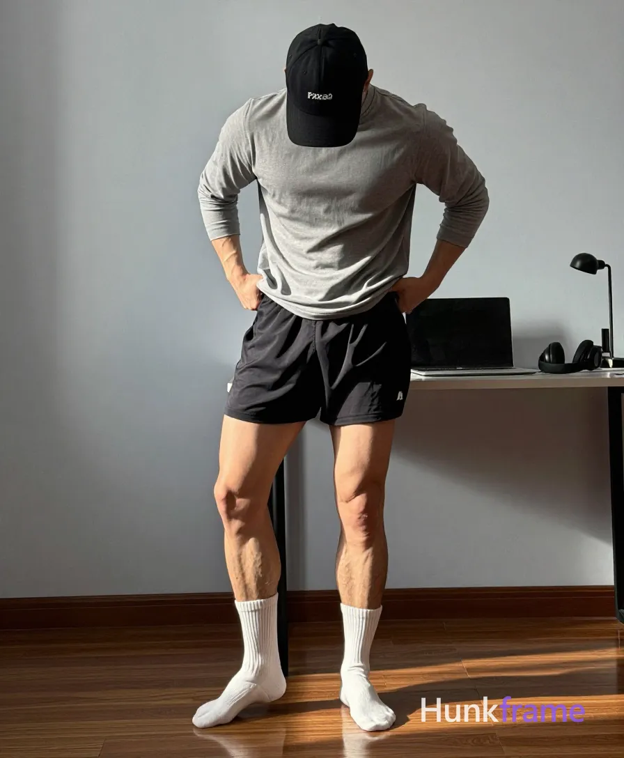 head bowed under a black baseball cap; He pulls up his heather grey polo shirt waistband mid-thigh with both hands while shifting weight onto the right leg; thick thighs and defined calves are fully exposed below knee-length black athletic shorts; White crew socks show on bare feet reflecting naturally in the glass; The background reveals an indoor room with light grey walls, dark wood flooring, a desk, laptop, lamp, and headphones to the right; Soft directional natural light from the right casts subtle shadows across his sculpted physique, shot on iPhone 15 Pro main camera, authentic smartphone computational photography, natural Smart HDR and true-to-life skin texture, vertical 9:16 Xiaohongshu lifestyle feed, bright clean everyday scene, unretouched phone photo with subtle sensor grain, trendy Chinese internet 网红 aesthetic, candid influencer energy; single clean uninterrupted photograph with a cohesive editorial composition and plain continuous surrounding surfaces