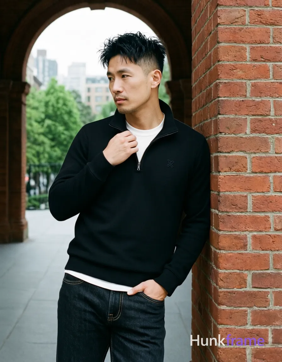 Asian man, light-medium skin, short textured black hair styled upward at the crown with tapered sides and slight flyaways, clean-shaven smooth chin; Standing upright leaning slightly against a red brick pillar on his right side, left hand resting near hip pocket, right hand adjusting collar of black long-sleeve quarter-zip pullover with small embroidered logo; White crew-neck undershirt visible at neckline and hemline covering upper chest below neck but leaving neck and collarbone area exposed above zipper line; Dark wash denim jeans with visible stitching along front seams; Full-body shot from head to mid-thighs, vertical portrait orientation 13:19 aspect ratio; Outdoor architectural space with open archway revealing green trees and distant buildings under overcast sky; Soft diffused daylight highlighting facial structure and fabric texture; Clean composition with strong architectural lines framing subject in center-left position between pillar and archway; Contemplative mood, casual elegance, urban sophistication; single clean uninterrupted photograph with a cohesive editorial composition and plain continuous surrounding surfaces