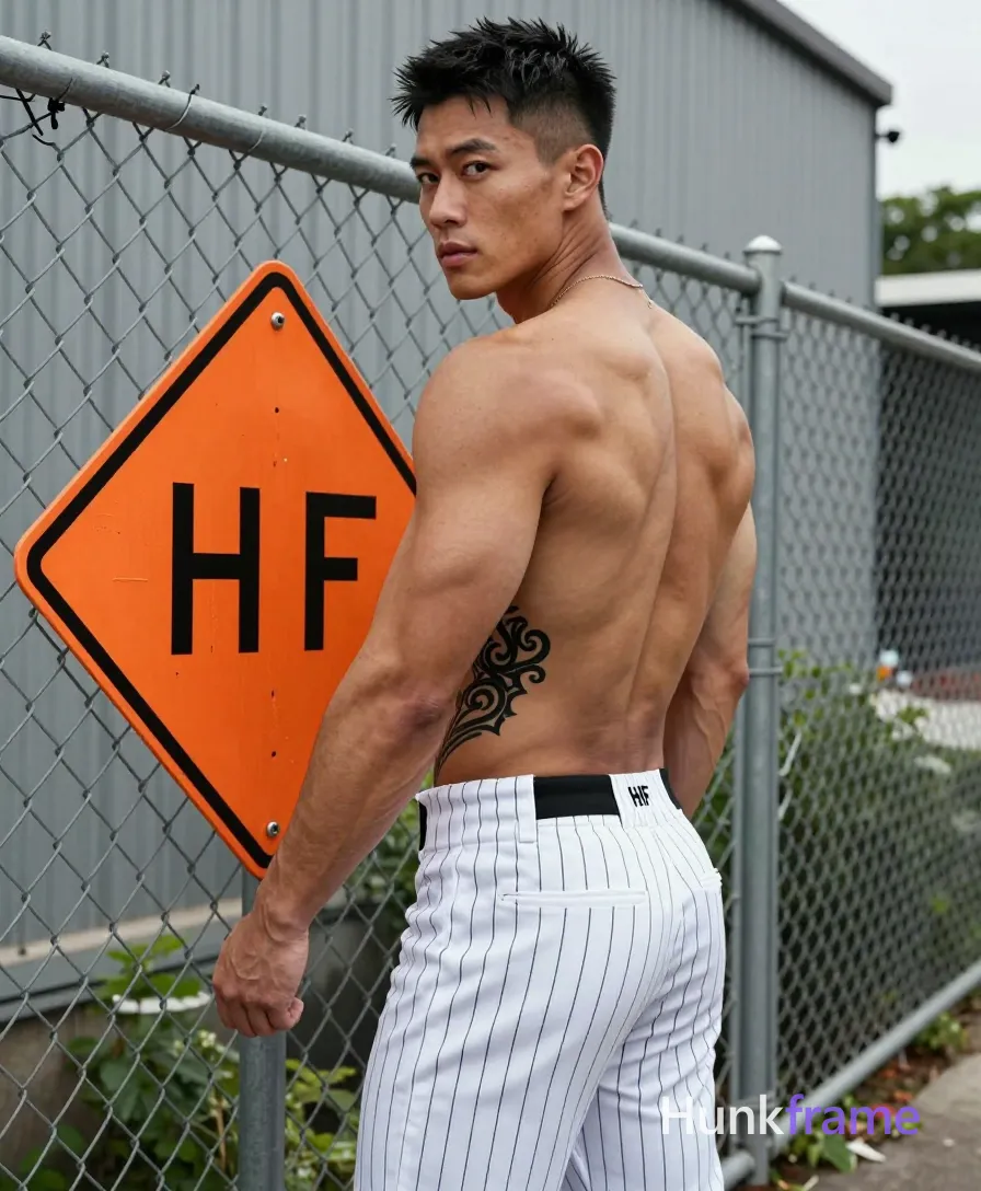 Photograph of exactly 1 adult man. Man 1: Asian, light tan, oval with defined jawline, short black hair, slightly longer on top and tapered at sides, clean-shaven hairline, clean-shaven, large black Gothic-style tattoo on left ribcage/back featuring ornate scrollwork and horizontal bars. Man 1 has fully exposed eyes, eyebrows, temples and nose bridge. Broad shoulders, defined pectorals with thick thighs under sculptural natural daylight. Standing in profile holding an orange construction sign against a chain-link fence outdoors. Shirtless adult wearing black waistband above white pinstriped baseball pants pulled to mid-thigh. Vertical portrait crop showing head to hip with subject occupying majority of frame center-left. Urban outdoor scene beside corrugated metal wall, greenery behind the industrial fence structure. One small garment print reading "HF". High-contrast fine-art photography emphasizing muscular definition with soft diffused overhead shadows. Confident edgy fashion-forward aesthetic capturing a handsome masculine man in premium lifestyle editorial