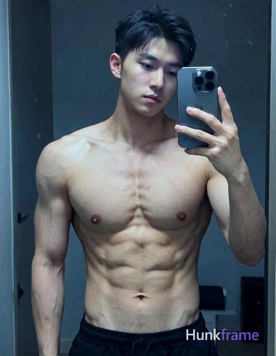 A handsome masculine man standing with a slight lean forward, shirtless, with defined abs and broad shoulders. The torso-only crop is framed within an 896x1152 vertical portrait orientation. Soft cinematic lighting with muted cool tones creates a moody atmosphere against a dark background. The image is tack-sharp, emphasizing the subject's physique., shot on iPhone 15 Pro main camera, authentic smartphone computational photography, natural Smart HDR and true-to-life skin texture, vertical 9:16 Xiaohongshu lifestyle feed, bright clean everyday scene, unretouched phone photo with subtle sensor grain, trendy Chinese internet 网红 aesthetic, candid influencer energy, phone held naturally in one hand for selfie, phone visible in frame