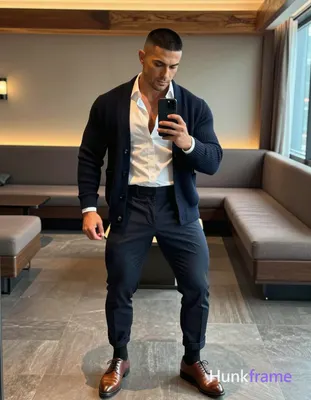 A handsome adult man with medium-brown skin and a black buzz cut stands in a tre