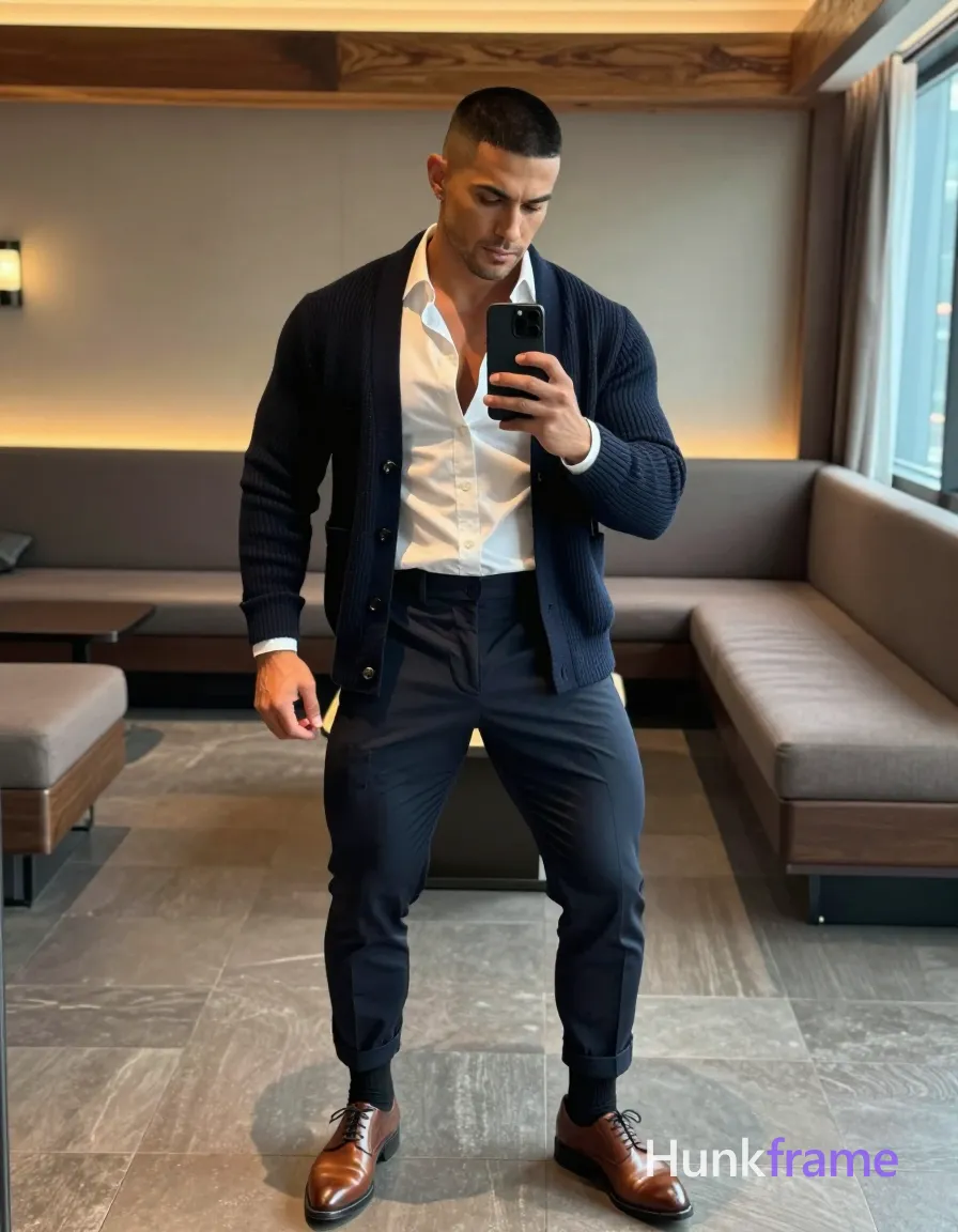 A handsome adult man with medium-brown skin and a black buzz cut stands in a trendy hotel lounge, holding a black smartphone for an Instagram-style mirror selfie; He wears a dark navy ribbed cardigan open over a white button-down shirt (top two buttons undone), matching tailored trousers, black crew-socks to mid-calf, and brown leather lace-up dress shoes; The scene shifts from kneeling to standing with torso slightly twisted beneath a horizontal wooden beam structure where warm ambient lighting meets cool daylight from the right window; His thick thighs and broad shoulders are highlighted in an artistic partial nude aesthetic capturing upper chest clavicles and lower abdomen above waistband for that authentic Xiaohongshu influencer vibe; single clean uninterrupted photograph with a cohesive editorial composition and plain continuous surrounding surfaces