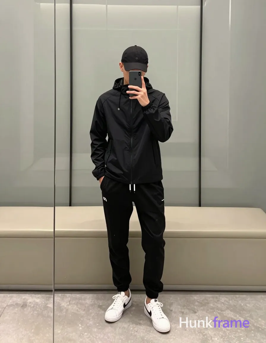 Full-body vertical mirror selfie of a handsome adult man with light to medium skin and black short hair under a cap, standing in modern interior space framed by frosted glass panels. He wears a black zip-up hooded track jacket (hood down), black drawstring jogger pants with white logo on left thigh, white low-top sneakers with black side logo, holding dark smartphone at chest level obscuring face while right hand rests in pocket. Soft diffused ambient light from interior fixtures illuminates the neutral-toned floor and beige bench edge. Clean minimalist composition emphasizing architectural symmetry and fashion-forward silhouette., a single uninterrupted photograph only, no written words or typography anywhere in frame, no captions, no app UI, no social-media post layout, no screenshot borders