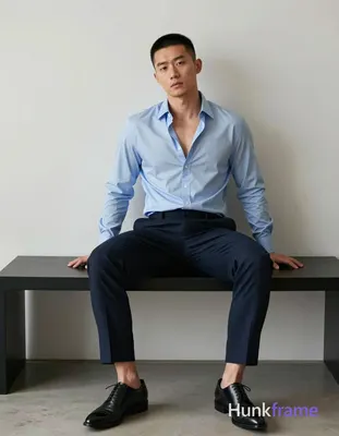 Asian adult man with short black buzz cut and clean-shaven face, seated upright on a modern black be