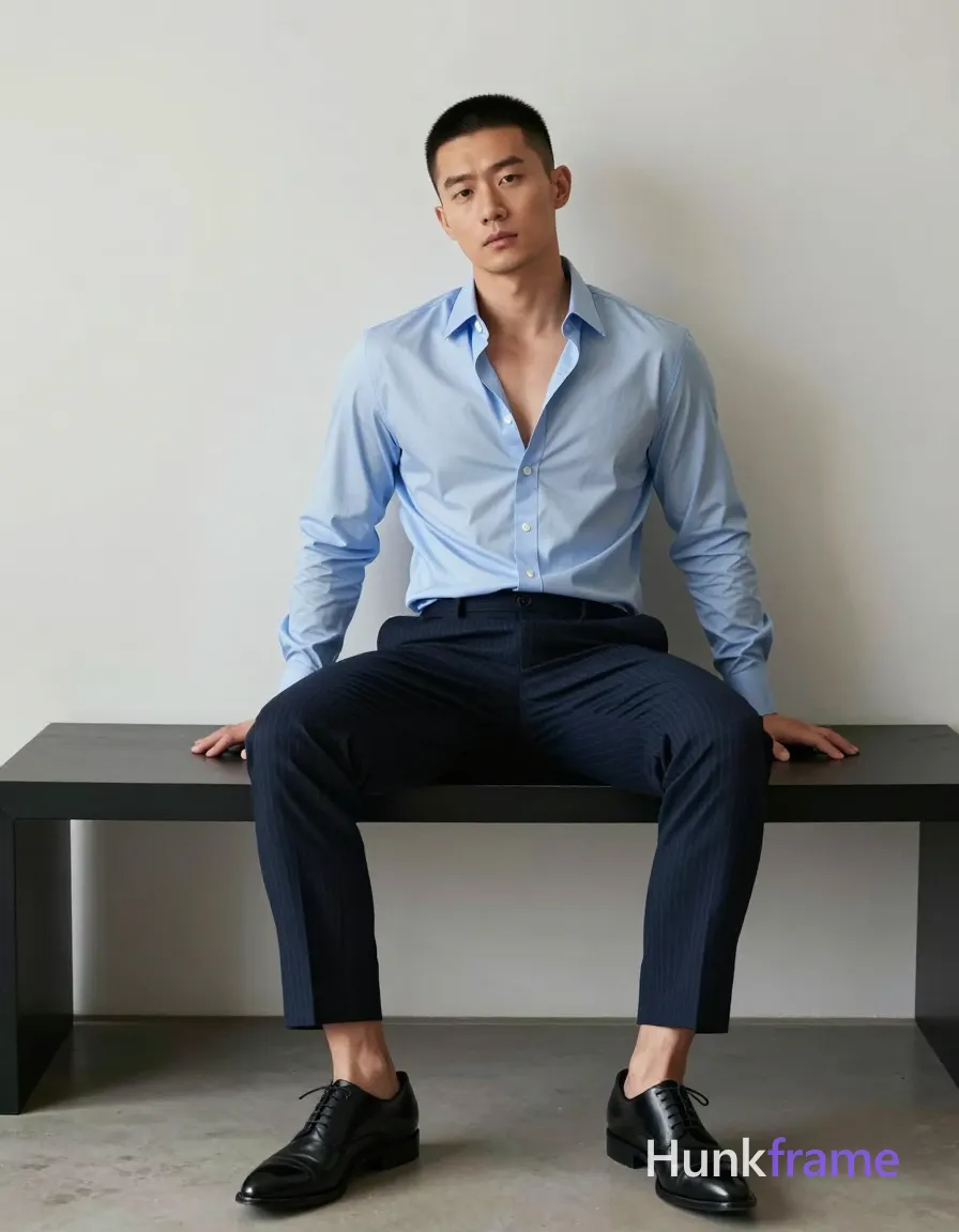 Asian adult man with short black buzz cut and clean-shaven face, seated upright on a modern black bench in an indoor minimalist space; He wears a light blue long-sleeve button-down shirt unbuttoned at the top two buttons revealing bare chest from collarbone to navel, defined pectorals, and toned abs visible through the opening; dark navy pinstripe dress pants with creases down front of legs and black leather oxford shoes with pointed toes; Legs slightly apart with left leg forward exposing inner thighs and knees in a teasing pose; Soft directional lighting from front-left creates subtle shadows under chin highlighting sculpted masculine form against off-white walls; Vertical portrait composition capturing head to mid-calf; single clean uninterrupted photograph with a cohesive editorial composition and plain continuous surrounding surfaces