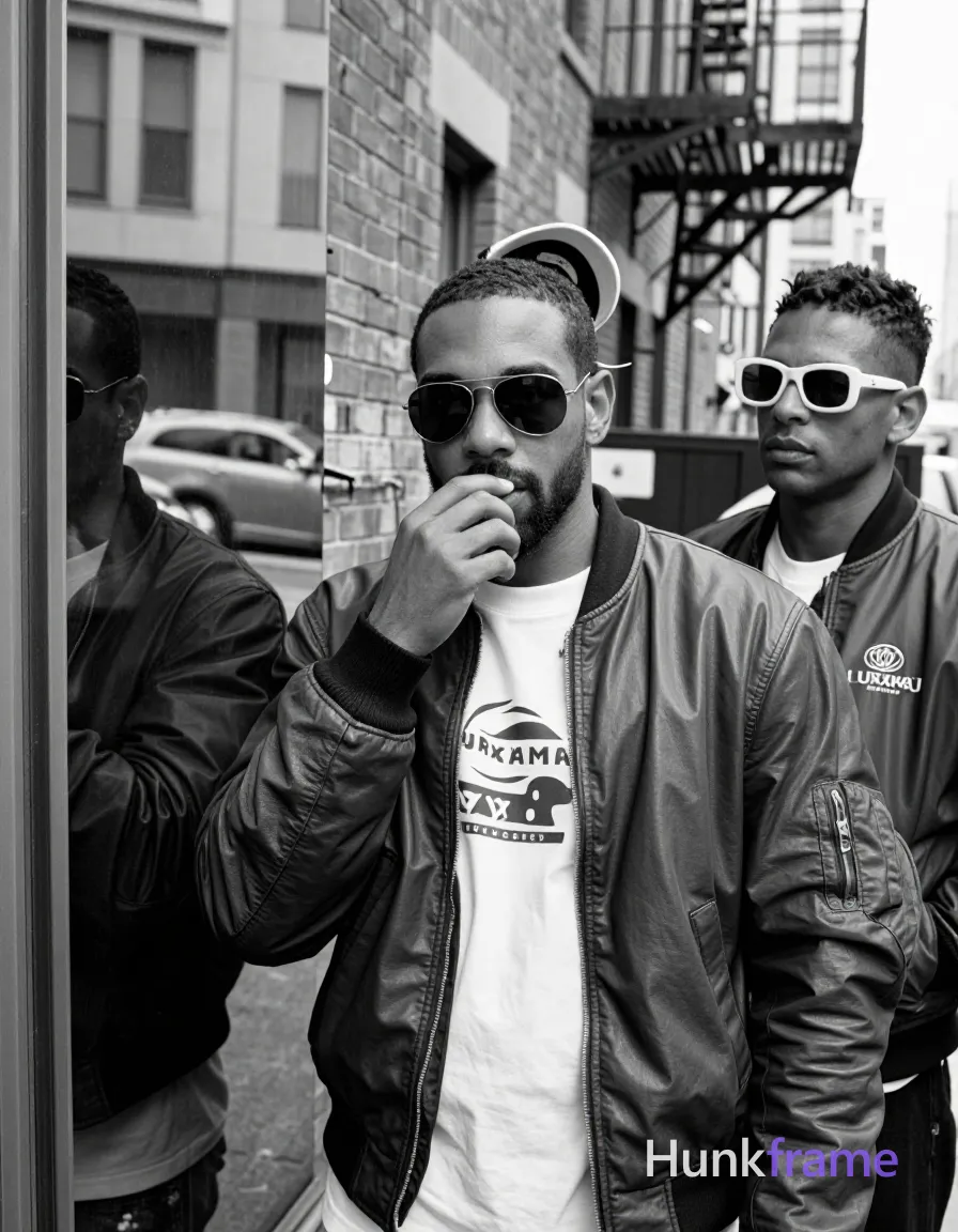 high-contrast black-and-white photography with grainy film aesthetic; Central figure: dark skin, buzz cut, aviator sunglasses, short beard, white graphic tee under open leather bomber jacket sleeves pushed to elbows, light cap backward, left shoulder forward gesturing near mouth; Flanking figures angled inward in matching streetwear without contact; Urban NYC brick background with fire escapes and parked cars visible through reflection; Natural daylight casting soft shadows on dark skin tones; Horizontal landscape 7:4 aspect ratio, composition cropped on the left edge showing only a portion of the mirror frame; Adult man 1 visibly wears dark-lensed aviator-style sunglasses with thin metal frames worn on face on his face; preserve the exact frame shape, rim style, color, material, and lens tint; Adult man 3 visibly wears white-rimmed oval sunglasses with dark lenses worn on face on his face; FULL GARMENT TEXT REPLACEMENT: remove every source garment word, sentence, slogan, logo, and partial brand spelling from every existing print area, then replace those source marks with only the wordmark; single clean uninterrupted photograph with a cohesive editorial composition and plain continuous surrounding surfaces