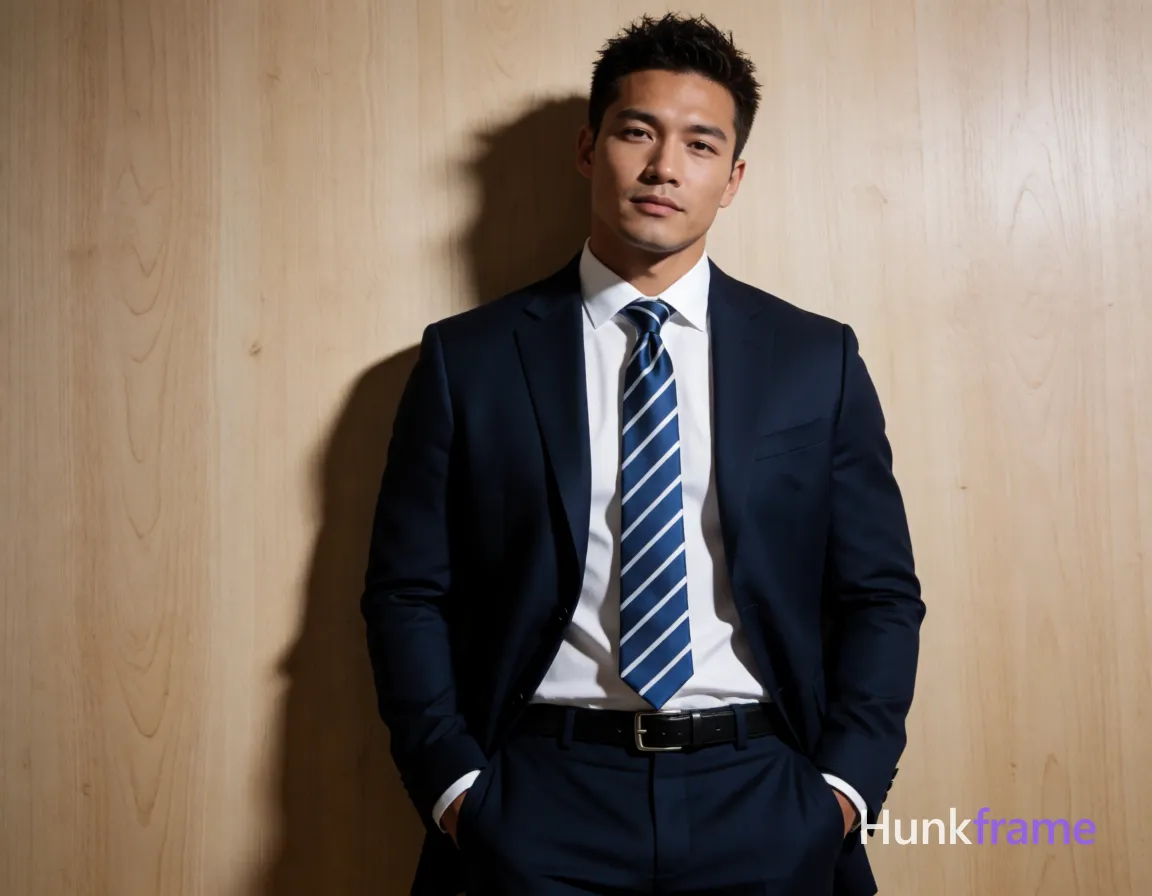 Heavily muscular adult man with substantial muscle mass, wide shoulders, thick neck, large chest and arms, powerful thighs, and dense bodybuilding proportions; an anonymous figure man with fair to light tan skin and short textured dark brown hair styled upward, clean-shaven face, calm gaze slightly off-camera; Standing upright leaning against a light wood-paneled wall, hands in trouser pockets, shoulders relaxed squared to camera; Wearing a dark navy blue tailored suit jacket with notched lapels, white dress shirt fully buttoned under a blue and white diagonal striped silk tie knotted neatly at neck, matching dark navy trousers with visible belt loops and black leather belt featuring rectangular silver-toned buckle; High-resolution commercial portrait photography emphasizing defined anatomy within the heavily muscular build, dramatic directional light sculpting the silhouette against neutral backdrop directing attention to attire and posture, same aesthetic theme and photo feel as the reference but a different man in a different pose with distinct body proportions, Chinese man, light tan skin, high cheekbones, lean wiry martial-arts; single clean uninterrupted photograph with a cohesive editorial composition and plain continuous surrounding surfaces