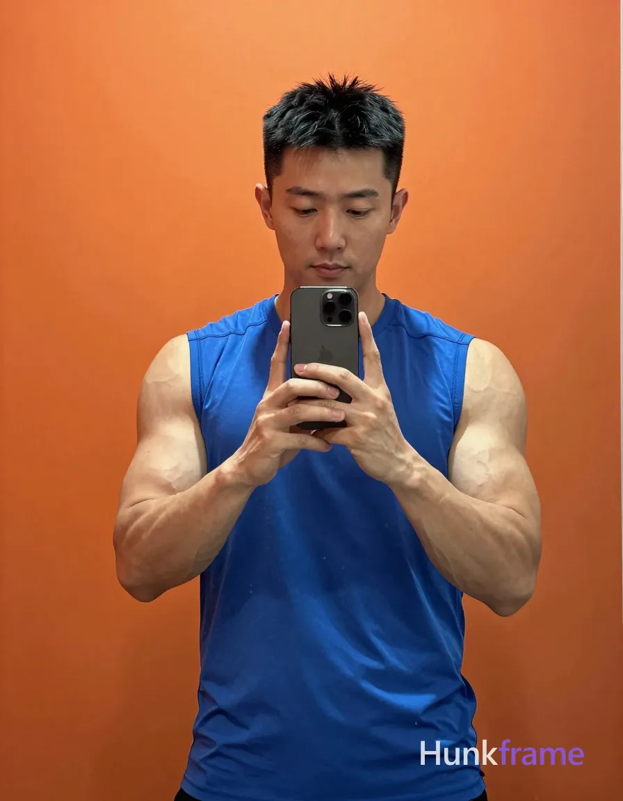 Asian man with light-medium skin and short black hair standing facing a large indoor mirror against an orange wall; He wears a blue sleeveless athletic shirt covering his torso, revealing very muscular biceps and triceps; His right hand holds a smartphone at chest level to take the shot while his left hand makes an open-fingered gesture near his cheek; The composition is vertical portrait 13:19 with head-to-waist framing; the phone obscures the lower face emphasizing neutral, focused expression under soft frontal lighting that sculpts strong muscle definition; single clean uninterrupted photograph with a cohesive editorial composition and plain continuous surrounding surfaces