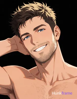 Polished adult Caucasian man rendered in high-quality 2.5D next-gen anime style against solid black 