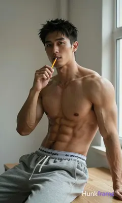 Asian man with light-medium skin and short dark black hair, clean-shaven smooth 