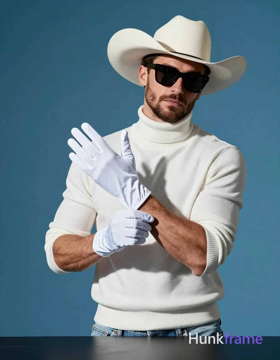A handsome Caucasian man with a short brown beard and trimmed mustache stands behind a dark table in high-fashion editorial photography. He wears a white textured turtleneck sweater with sleeves rolled slightly, light-colored jeans visible below the edge, black oversized sunglasses, and a white cowboy hat while putting on white gloves. His left hand pulls the glove onto his right wrist mid-motion against a solid blue backdrop. Dramatic cool-toned directional lighting from the left casts sculpted shadows across his broad shoulders and defined arms. The composition is waist-up to head with clean lines, sharp focus, and a sophisticated yet playful mood., a single uninterrupted photograph only, no written words or typography anywhere in frame, no captions, no app UI, no social-media post layout, no screenshot borders