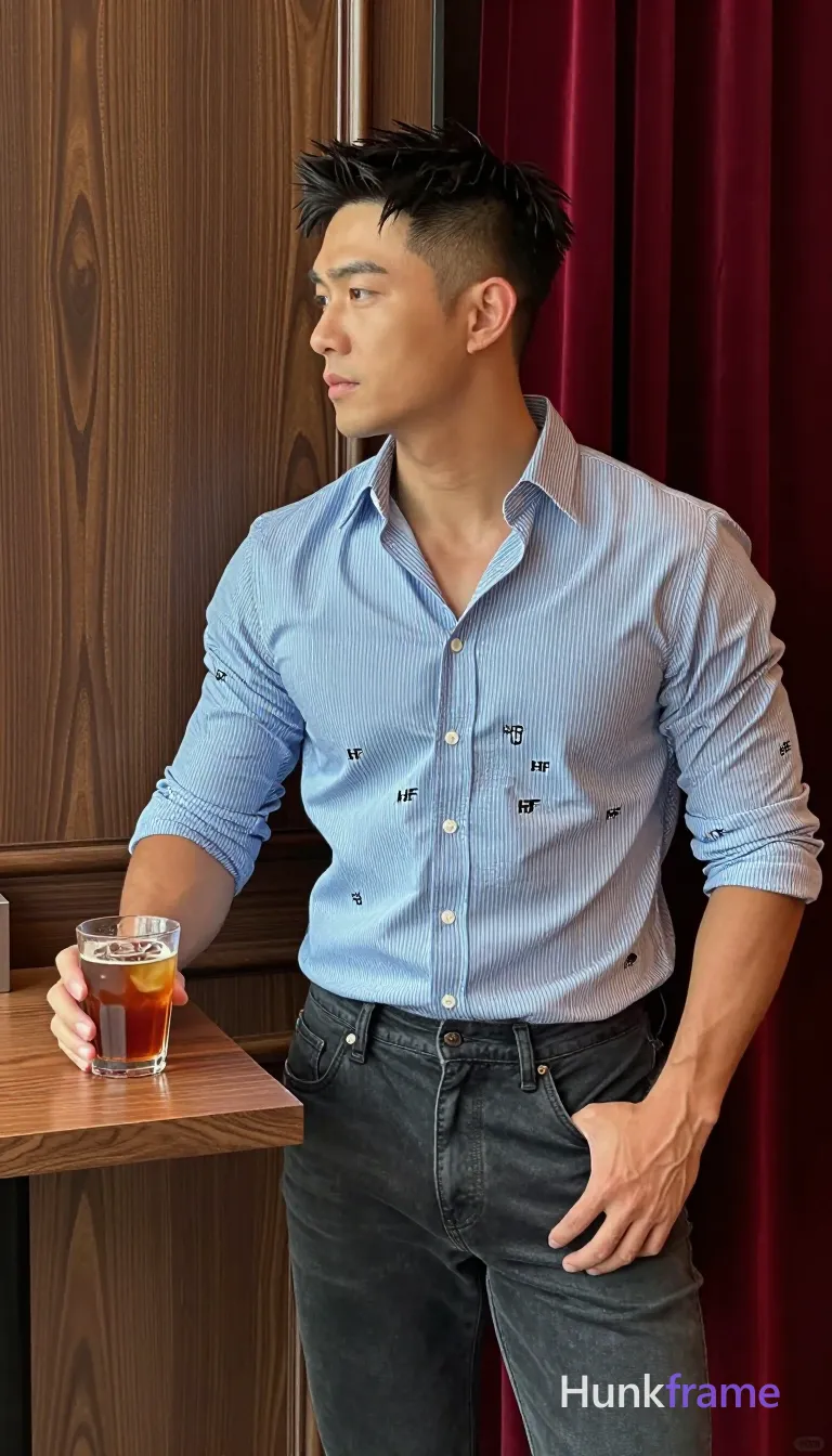 an anonymous figure man in his 30s with light to medium tan skin, short dark black textured hair with side parting and clean-shaven face; Standing casually near a wooden table holding a clear tumbler of amber-colored iced tea, right arm relaxed elbow bent slightly, left hand resting on thigh wearing blue and white vertical striped button-down shirt collar open to reveal upper chest above defined pectoral muscles and dark gray slim-fit jeans; Vertical portrait crop framing him from mid-thigh up in an indoor restaurant with dark wood paneling and red velvet curtains; Soft natural light illuminates the left side of his face, candid lifestyle aesthetic capturing a trendy social-feed vibe; FULL GARMENT TEXT REPLACEMENT: remove every source garment word, sentence, slogan, logo, and partial brand spelling from every existing print area, then replace those source marks with only the wordmark, spelled exactly "HF"; This is replacement, Repeated "HF" marks are allowed only where the source garment already had printed text; preserve appropriate placement, typography, color, and; single clean uninterrupted photograph with a cohesive editorial composition and plain continuous surrounding surfaces