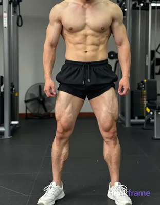 A handsome masculine man standing with legs apart, showcasing his defined abs an