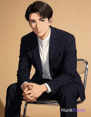 Asian man with fair to light tan warm skin, short dark brown hair side-parted across forehead, clean