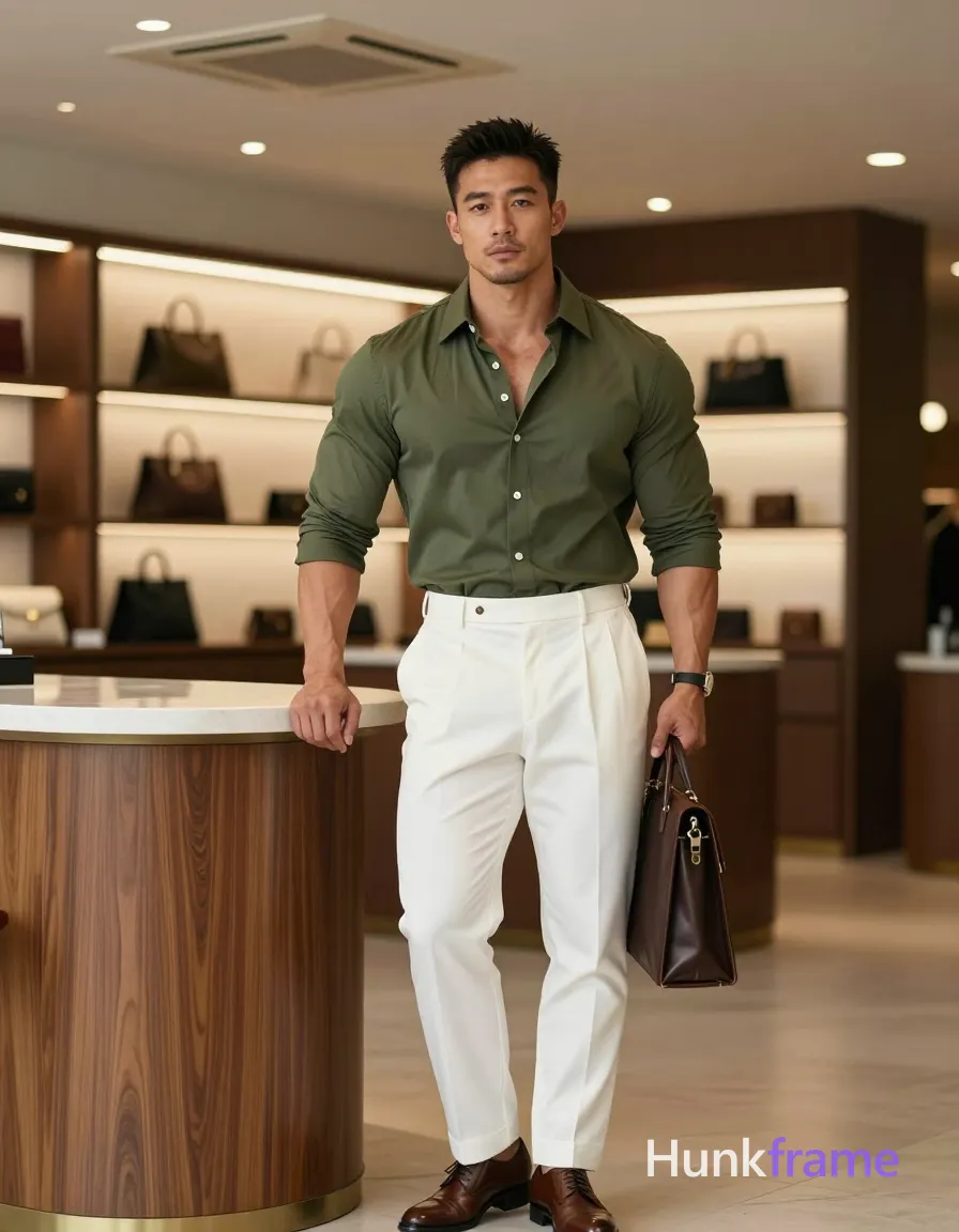 Asian man with short dark textured hair and clean-shaven face, standing upright in a luxury boutique interior; He wears an olive-green button-down shirt sleeves rolled to mid-forearm, top two buttons undone revealing neck collarbones and upper chest area partially visible due to open shirt buttons, white high-waisted trousers with pleated front and belt loops, brown leather dress shoes; Left hand resting on curved wooden counter edge, right arm bent holding briefcase at hip level; Full-body shot from knees up to ceiling vent, center-left foreground occupying vertical mid-to-lower frame with head near upper third line; Soft diffused indoor lighting from ceiling fixtures, accent backlighting behind shelving units creating glow effect on products; Clean composition with balanced negative space, shallow depth of field focusing on subject against softly blurred background elements; Broad shoulders meaty chest dense body hair rugged warm confidence muscle bear energy; FULL TEXT REPLACEMENT: remove every original source word, sentence, slogan, logo, and partial spelling from the text-bearing area, then replace it with only the; single clean uninterrupted photograph with a cohesive editorial composition and plain continuous surrounding surfaces