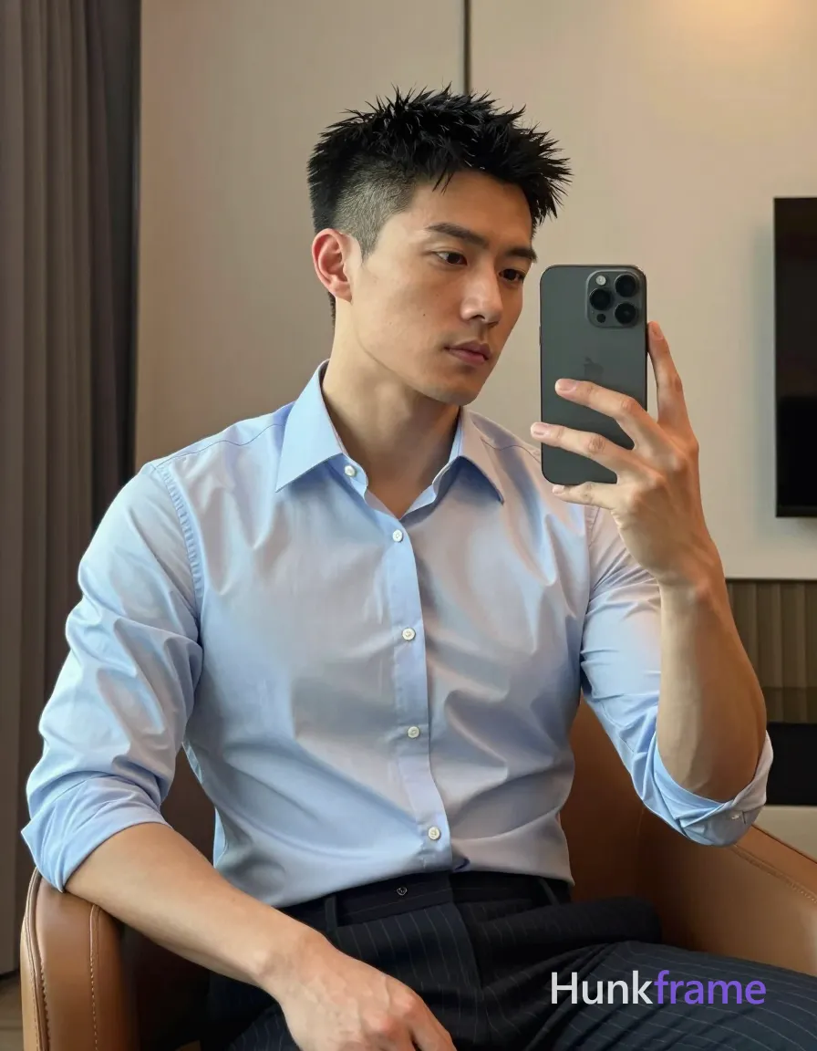 Photograph of exactly 1 adult man. Man 1: Asian, light-medium, oval with defined jawline, short black hair, textured top and faded sides, clean neckline, clean-shaven. Man 1 has fully exposed eyes, eyebrows, temples and nose bridge. lean Asian build with short black textured hair. seated sideways holding phone for mirror selfie review. light blue button-down shirt, dark pinstripe trousers. vertical portrait crop from mid-thigh to head center-right. modern apartment interior with brown leather armchair. soft warm ambient highlights on face and clothing. clean lines minimalist high-end fashion editorial aesthetic